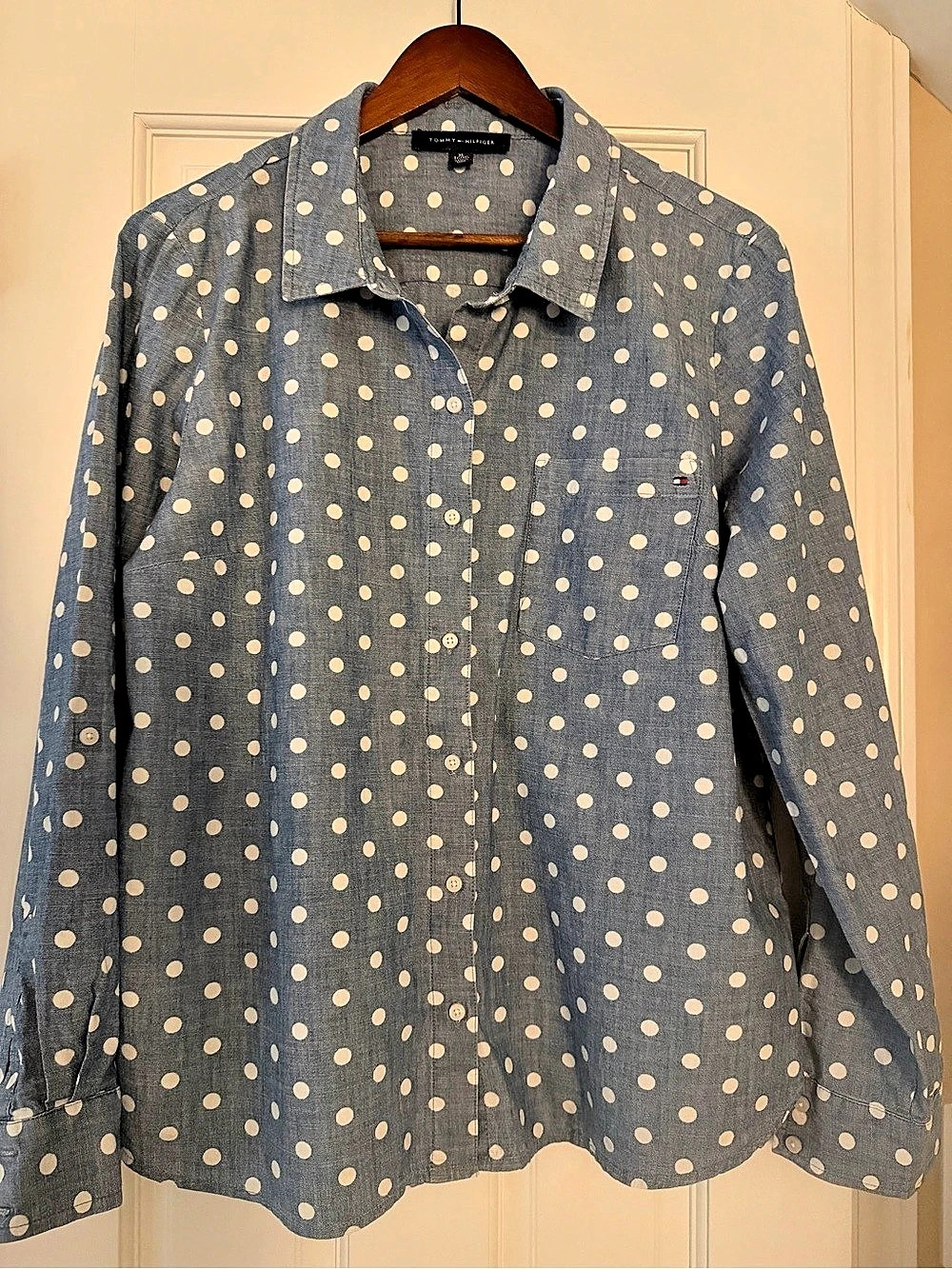 Tommy Hilfiger Polka Dot Chambray Button Down Shirt Blue & White XL